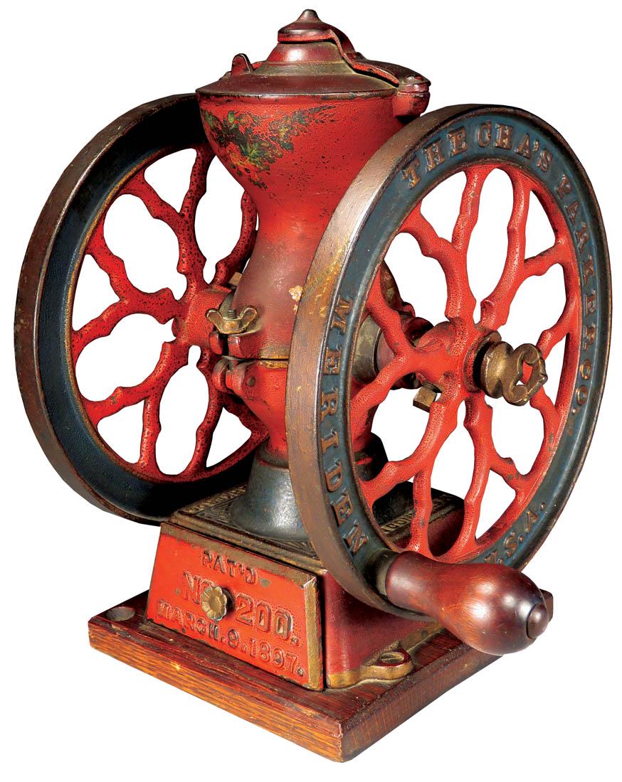Chas. Parker Cast Iron Coffee Grinder Model 200: Chas. Parker Cast Iron Coffee Grinder Model 200. Patented 1897. Original paint and stencils. 9 inch wheels and 13 inches tall.