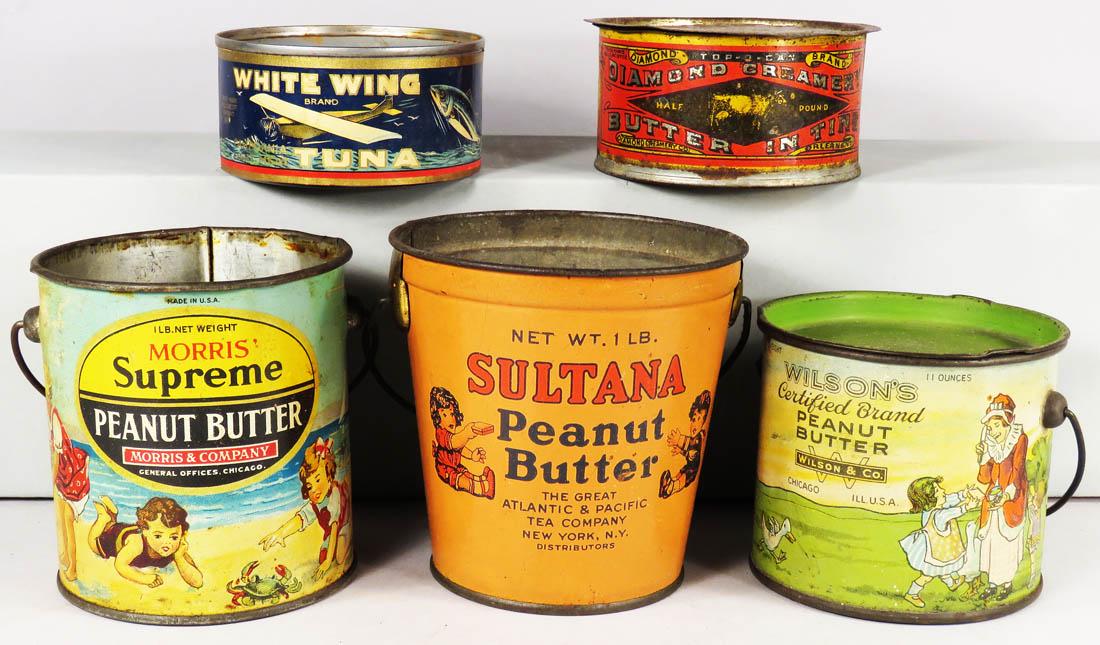 Collection of Five Tins and Pails: Collection of Five Tins and Pails. 3 peanut butter pails include Sultana (no lid), Wilsons and Morris' Supreme (no lid). White Wing Tuna and Diamond Cream Butter. Fair to good condition.