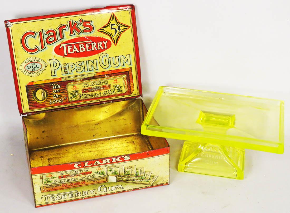 Clark's Teaberry Gum Vaseline Glass Tray & Gum Box: Clark's Teaberry Gum Vaseline Glass Tray and Gum Box. Tray has no chips or cracks. Tin litho box in fair condition.