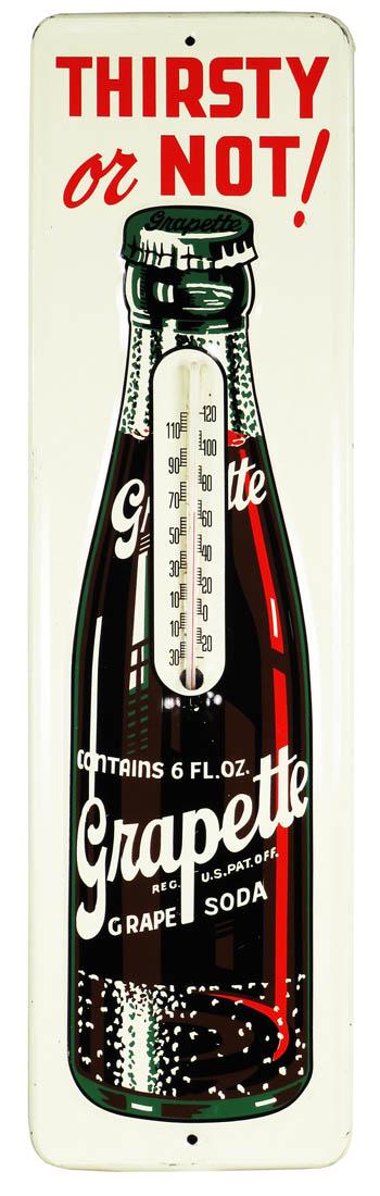Grapette Grape Soda Embossed Tin Thermometer: Grapette Grape Soda Embossed Tin Thermometer. Excellent working condition. 4 1/2 X 16 3/4 inches.