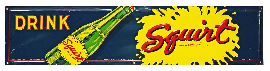 Drink Squirt Embossed Tin Sign: Drink Squirt Embossed Tin Sign. Excellent condition. 17 1/2 X 4 inches.