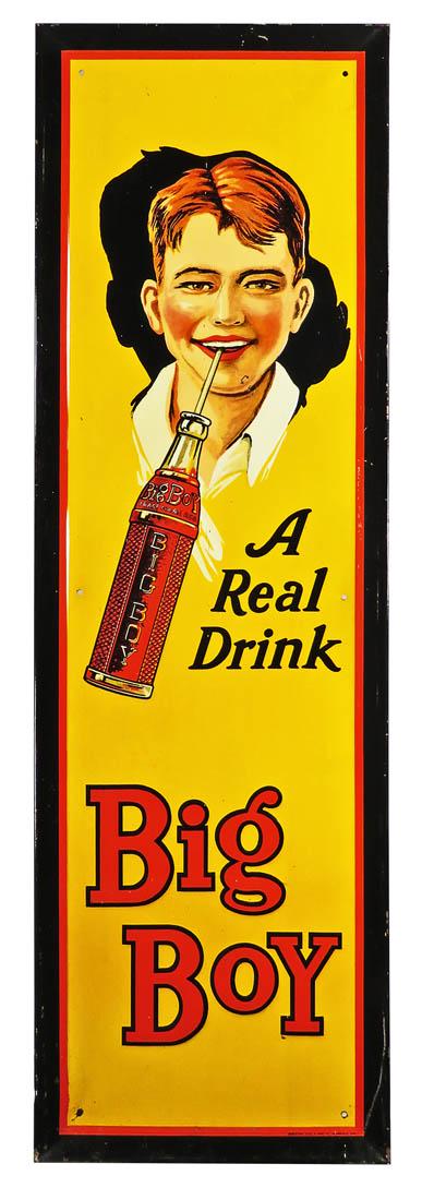 Big Boy Soda Embossed Tin Sign: Big Boy Soda Embossed Tin Sign. Robertson Steel & Iron Co. Springfield, Ohio makers. Perimeter dents and scratches otherwise very good condition. 10 7/8 X 34 7/8 inches.