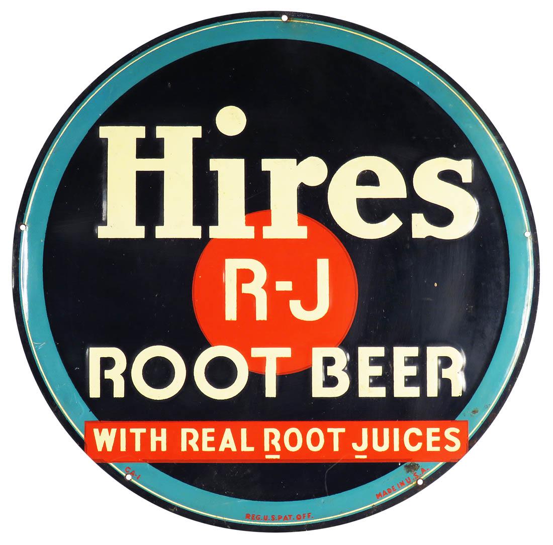 Hires R-J Root Beer Embossed Tin Sign: Hires R-J Root Beer Embossed Tin Sign. Very good condition. 12 inch diameter.