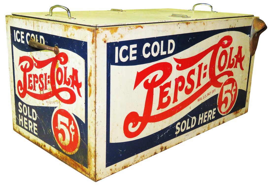 Pepsi Cola Metal Counter Top Cooler: Pepsi Cola Metal Counter Top Cooler with side opener. Outdoor wear. 27 X 13 1/2 X 15 inches.