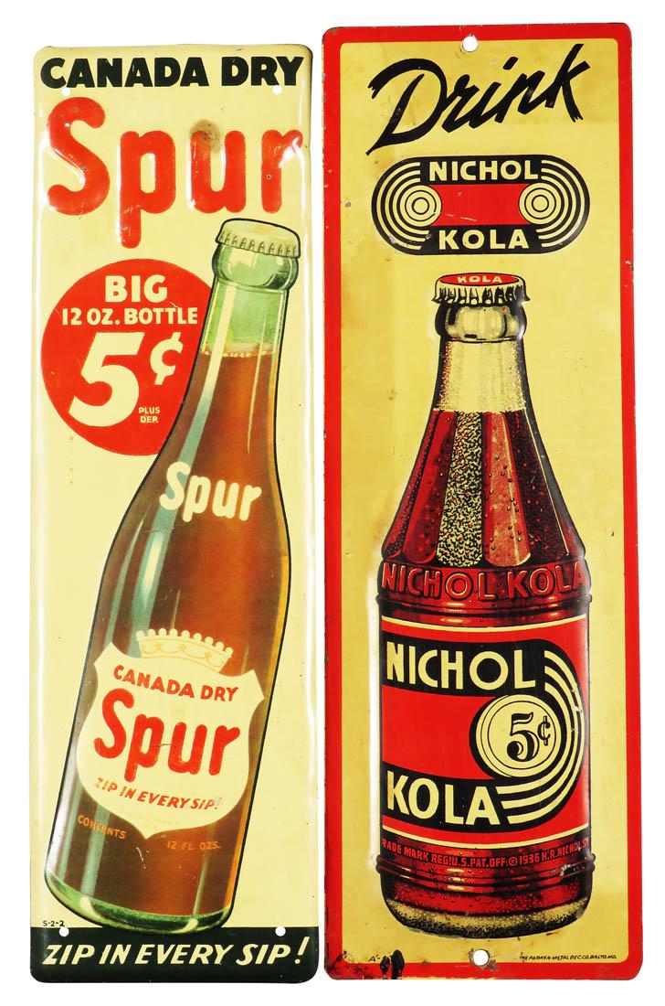 Two Soda Advertising Door Pushes: Two Soda Advertising Door Pushes. Nichol Kola and Canada Dry Spur embossed tin measures 3 1/2 X 12 inches. Both in good overall condition.