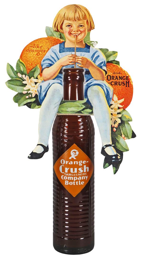 Orange Crush Bottle and Original Die Cut Topper: Orange Crush Bottle and Original Die Cut Topper. Very light crease at bottom corner otherwise near mint condition. Topper measures 6 1/4 X 9 inches overall.