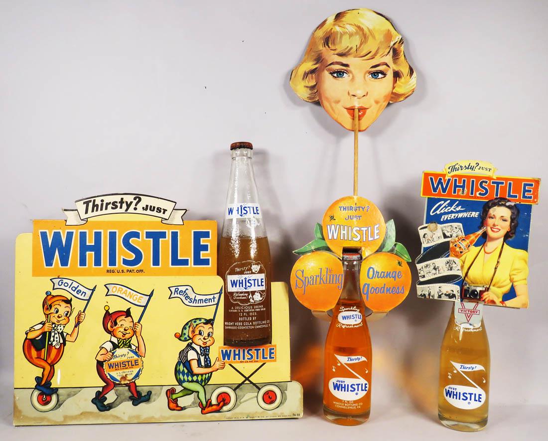 Three Whistle Soda Bottles and Cardboard Toppers: Three Whistle Soda Bottles and Die Cut Cardboard Toppers. Wear, tears and repairs. Tallest measures 17 inches tall overall.