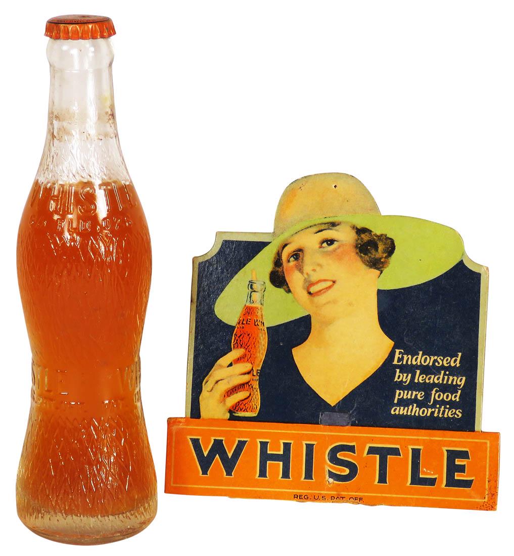 Whistle Soda Bottle and Cardboard Topper: Whistle Soda Bottle and Die Cut Cardboard Topper. Pin hole at top center and bottle top ring missing. 6 X 6 inches overall.