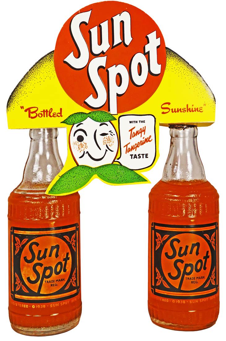 Sun Spot Orange Soda Bottles and Topper: Sun Spot Orange Soda Bottles and Topper. Excellent condition. 7 3/4 X 6 3/4 inches overall.