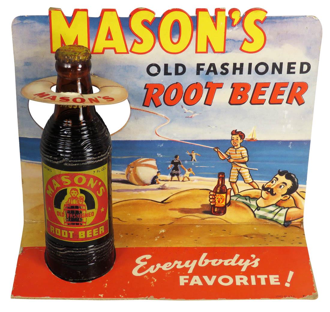 Mason's Old Fashioned Root Beer Bottle and Topper: Mason's Old Fashioned Root Beer Bottle and Topper. Topper shows wear and rubs, 10 X 12 w/o bottle.