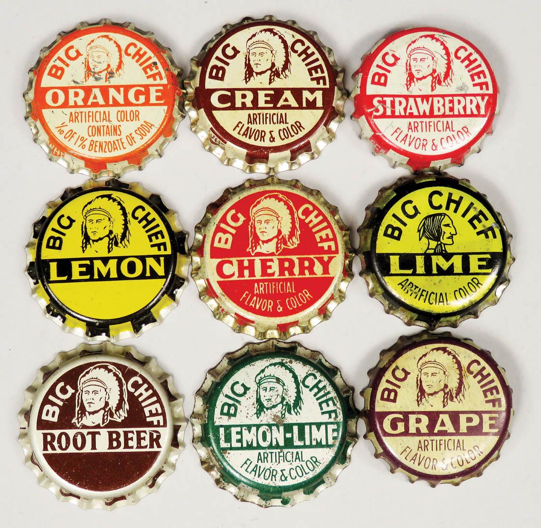 Nine Coca Cola Big Chief Beverage Bottle Caps: Nine Coca Cola Big Chief Beverage Bottle Caps. Cherry, Root Beer, Strawberry, Grape, Orange, Lemon, Lime, Lemon-Lime and Cream. Various conditions.
