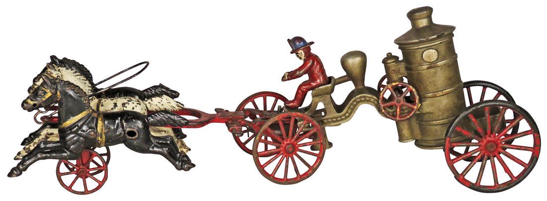Hubley Cast Iron Horse Drawn Fire Steamer Toy: Antique Hubley Cast Iron Horse Drawn Fire Steamer Toy, ca. 1900. Some rear wheel cover missing otherwise most original paint intact. 19 inches long overall.