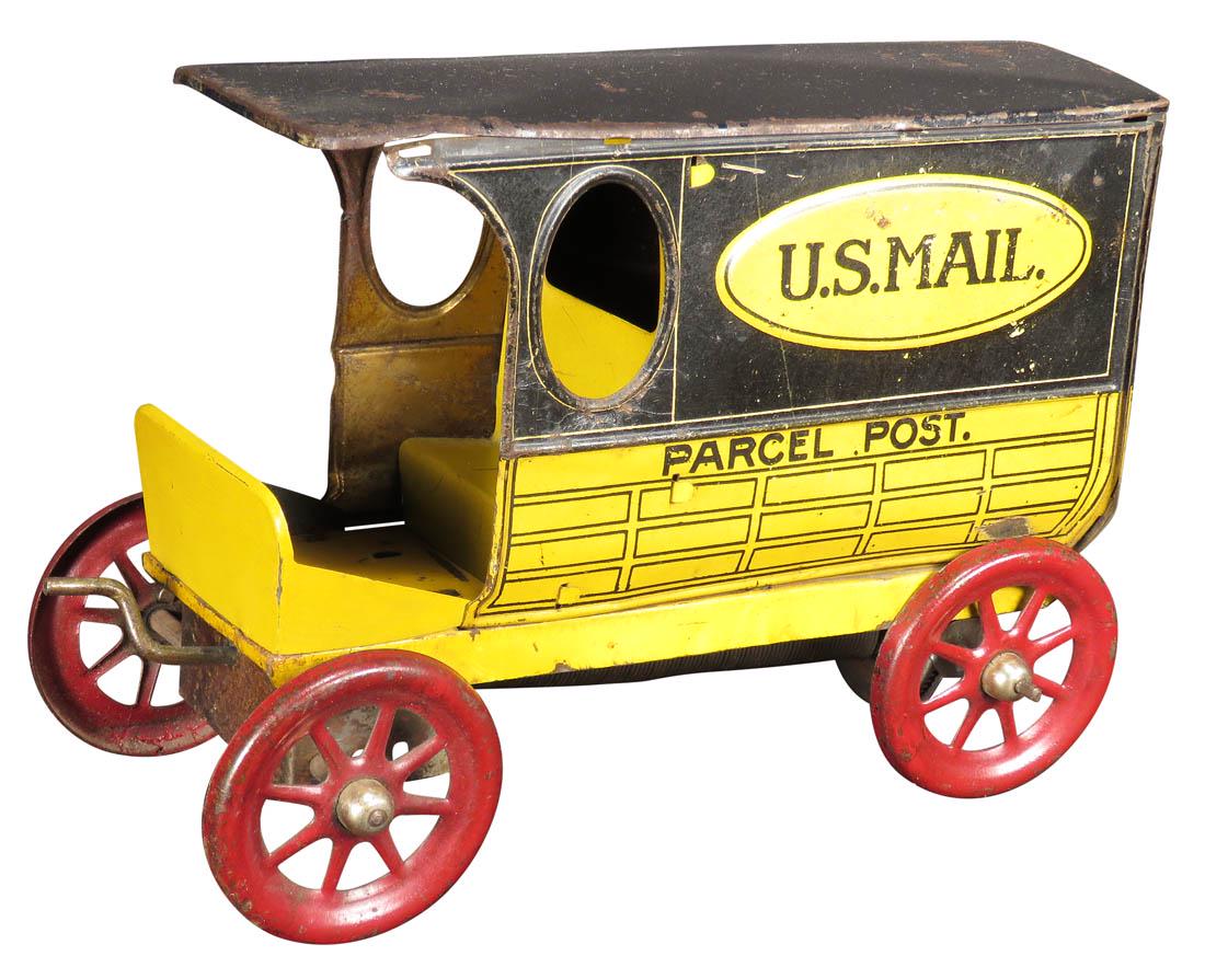 U.S. Mail Parcel Post Tin Wind Up Toy, ca. 1900: U.S. Mail Parcel Post Tin Wind Up Toy, ca. 1900. No driver, normal playwear. 8 inches long.