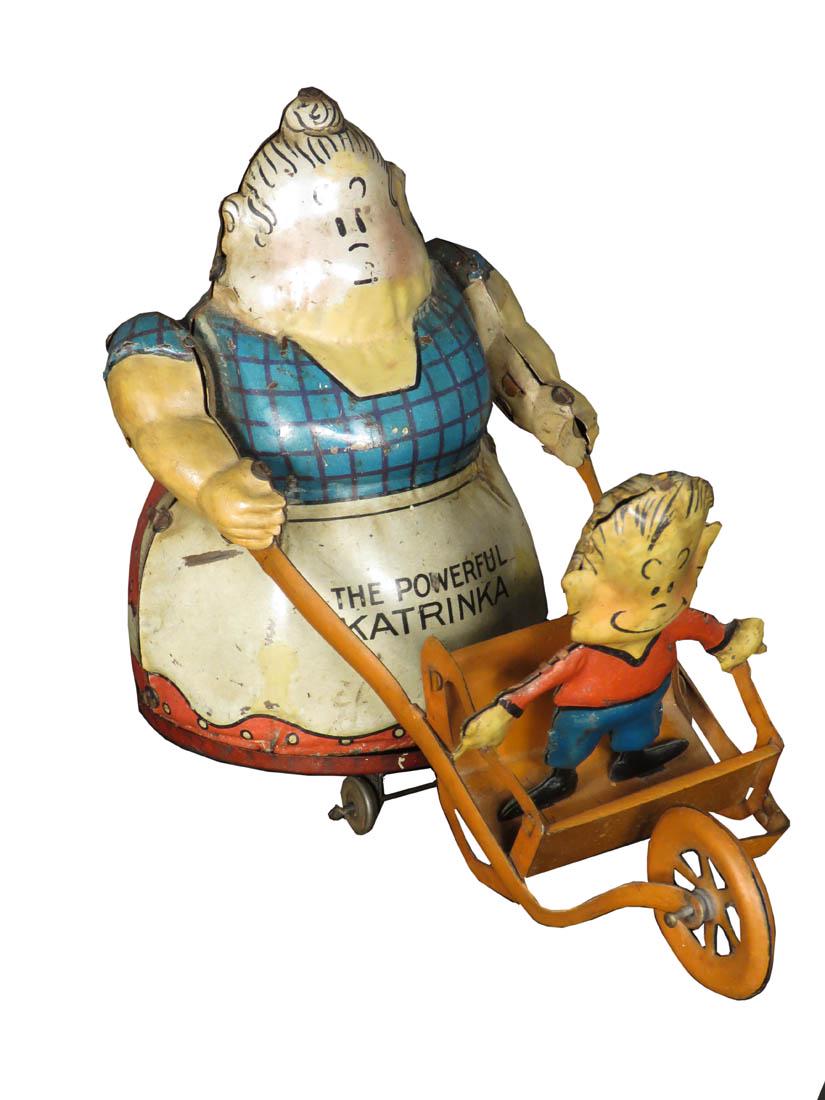 Nifty Toys Vintage "Powerful Katrinka" Character Toy: Nifty Toys Vintage Tin "Powerful Katrinka" Character Toy, 1923 Germany. Toonerville Cartoon created by Fontaine Fox in the 1920's. Good original working condition. 6 inches long.