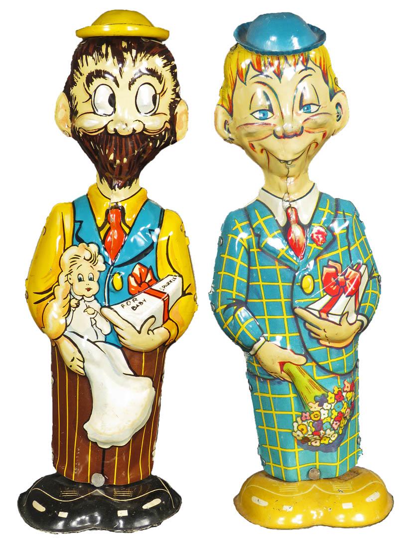Two Louis Marx Vintage Character Tin Wind Up Toys: Two Louis Marx Vintage Character Tin Wind Up Toys. 1939 Charlie Mc Carthy's friend Mortimer Snerd. B.O. 1940's B.O. Plenty holding Sparkle Plenty. Bothe in excellent working condition. Each aprox. 8 i