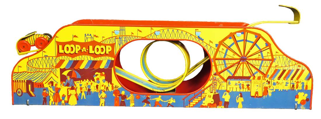 J. Chein "Loop-a-Loop" Roller Coaster Tin Toy: J. Chein "Loop-a-Loop" Roller Coaster Tin Wind Up Toy. Ca. 1938. Good working condition, one car included. 19 inches long.