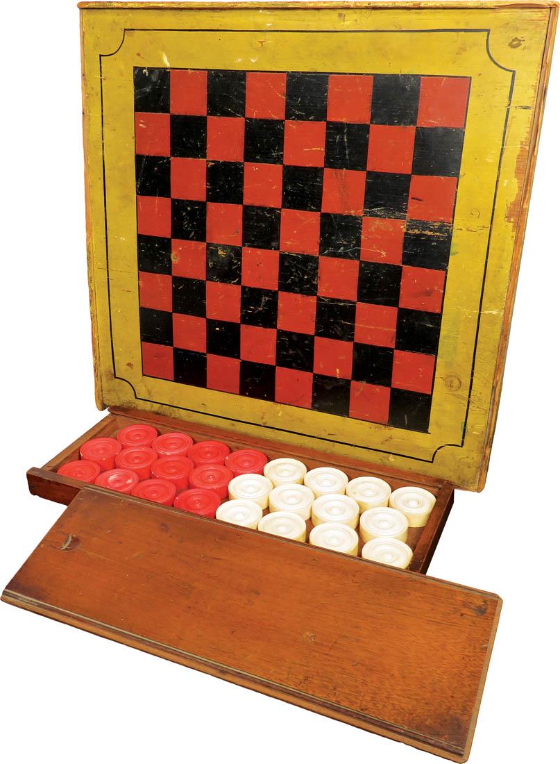 Vintage Set of Celluloid Checkers in Wood Box: Vintage Set of Bakelite Checkers in Wood Box and wood checker board. Good original condition. Box measures 13 1/4 X 1 X 5 inches.