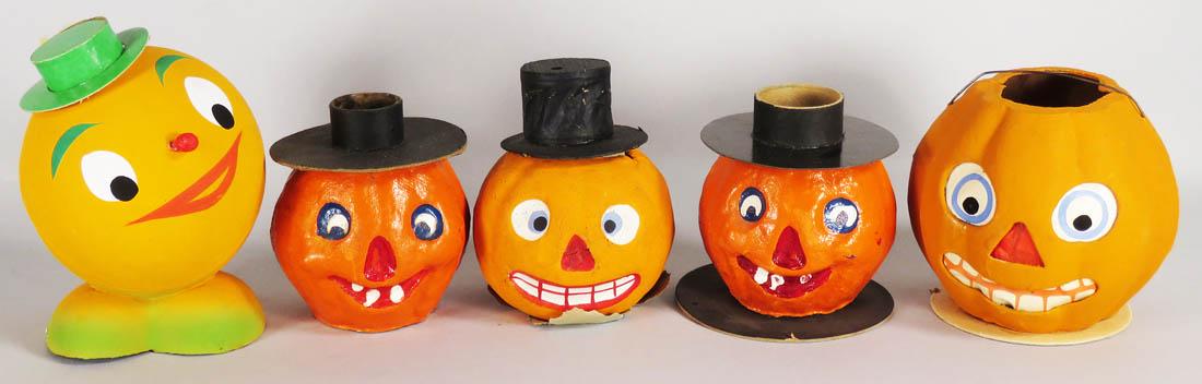 Five Miscellaneous Vintage Halloween Items: Five Miscellaneous Vintage Halloween Items. 2 Molded paper candle holders made in USA by Master Craft. 3 Candy containers made in Germany, all marked. Paper mache with top hat and two molded paper. Ov