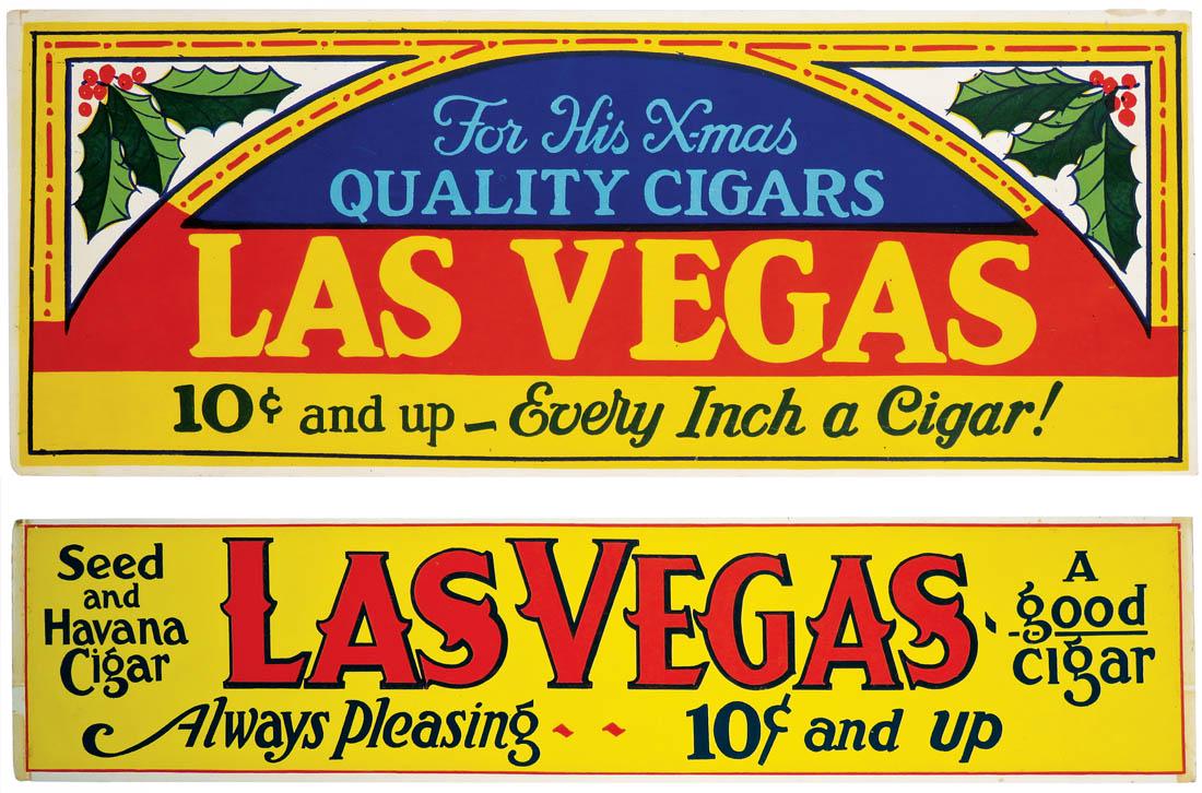 Two Las Vegas Cigars Paper Signs: Two Las Vegas Cigars Paper Signs including Christmas version. Both in very good condition. Largest one measures 22 3/4 X 5 inches.