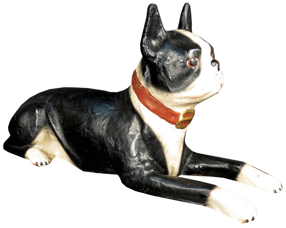 The Bryant Pup Paper Mache Store Display: The Bryant Pup Paper Mache Store Display. Bull Terrier with embossed Bryant collar. Mfg. by Old King Cole, Clayton, OH. Some minor touch up otherwise very good condition. 6 X 20 1/4 X 11 inches.