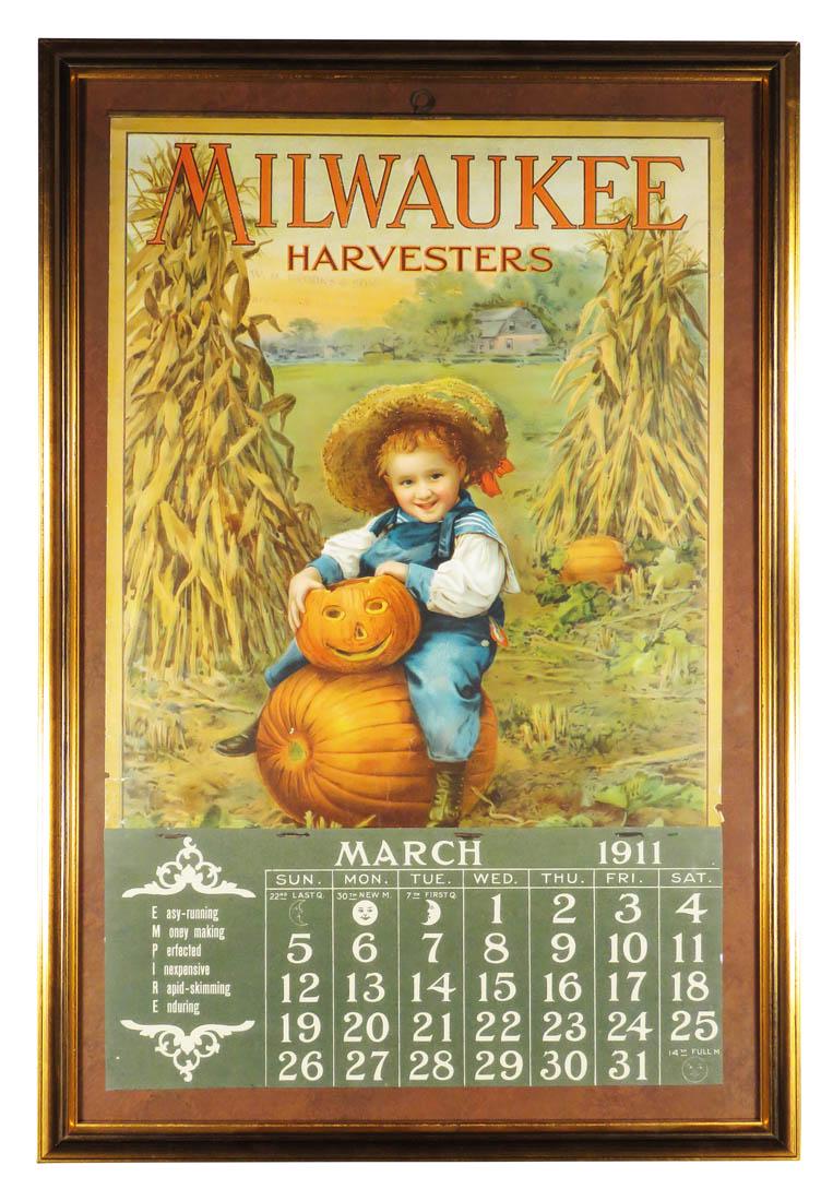 1911 Calendar for Milwaukee Harvesters: 1911 Calendar for Milwaukee Harvesters. Depicting child amongst corn stalks sitting on a pumpkin with jack-o-lantern in arms. Original band at top, March page only. Minor tears and paper loss otherwis