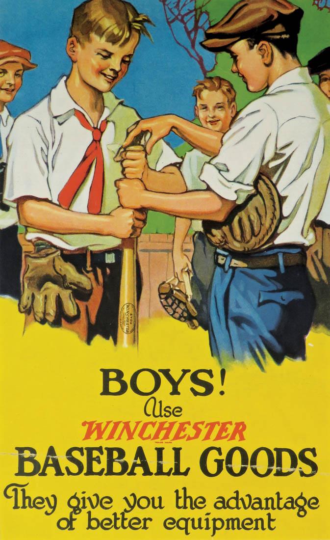 Winchester Sporting Goods Cardboard Sign: Winchester Hardware Cardboard Sign. Advertising Baseball Goods and Monkey Wrenches. Horizontal crease at bottom otherwise very good colorful condition. Framed under glass to show both sides. 13 X 17 i