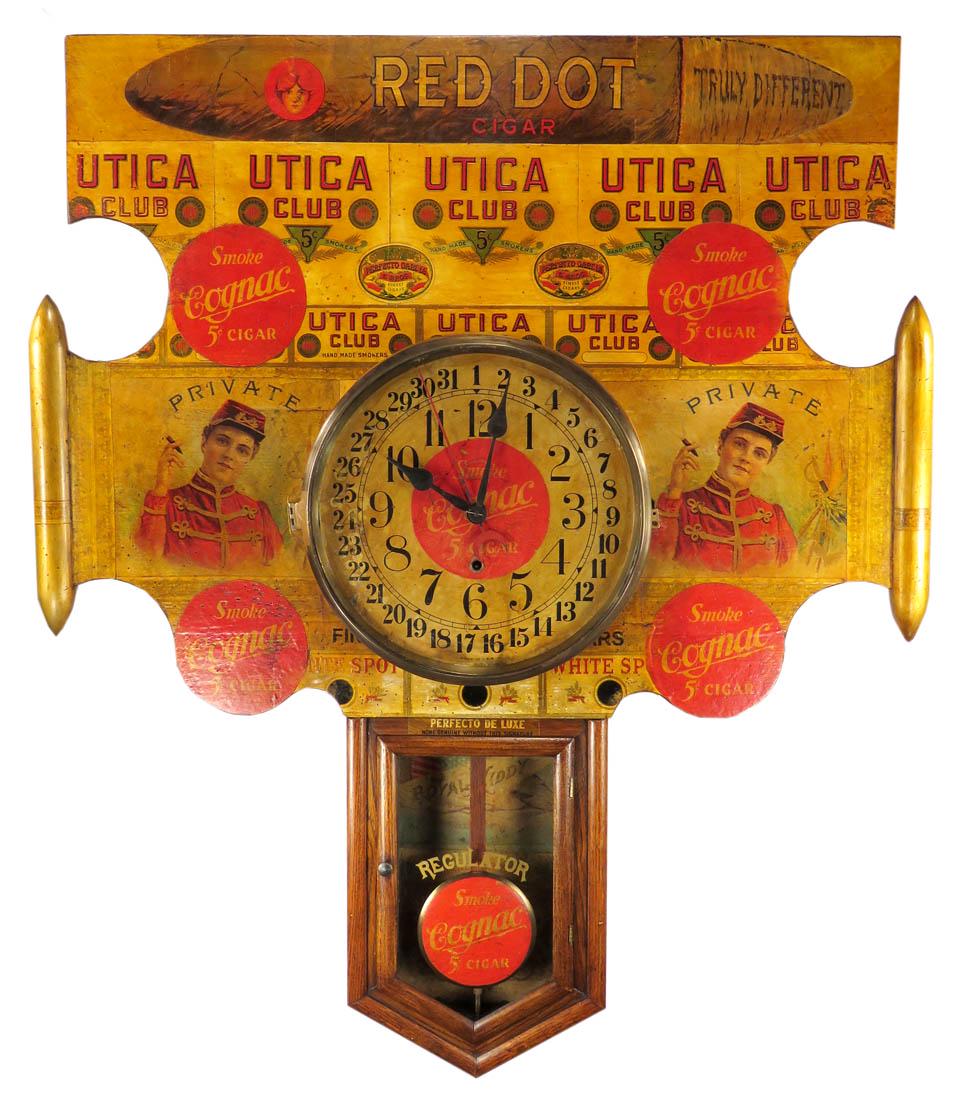 Red Dot, Utica Club Cigars, 1920's Advertising Clock: 1920's Advertising Clock. Red Dot, Utica Club and Cognac Cigars. Carved clock frame. Private on sides with cared cigars. White Spot, Utica Club and Royal Midday labels on sides. E.W. Haines original s