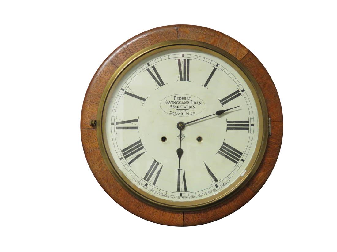 Federal Savings & Loan Association Advertising Clock: Federal Savings and Loan Association Advertising Clock, Detroit, Mich. June 1882. Ansonia Clock Co. time and strike in oak case. 18 inch diameter.
