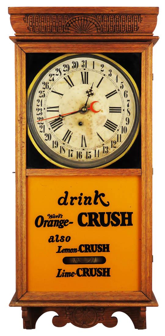 Ward's Orange Lemon Lime Crush Advertising Clock: Ward's Orange Lemon Lime Crush Advertising Clock. Ingraham Clock Co. Bristol, CT, calendar clock with reverse glass painted window. 16 1/2 X 37 X 4 1/2 inches.