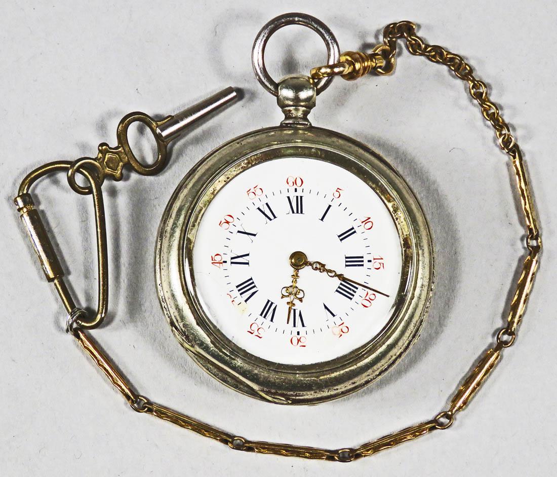 Pocket Watch Porcelain Face, Nickel Case: Pocket Watch Porcelain Open Face, Nickel Case, with watch chain and key. European made. 18 Ligne cylinder style movement, key wind and key set. Case 1031. Chip on face at 9:00, non-working condition.