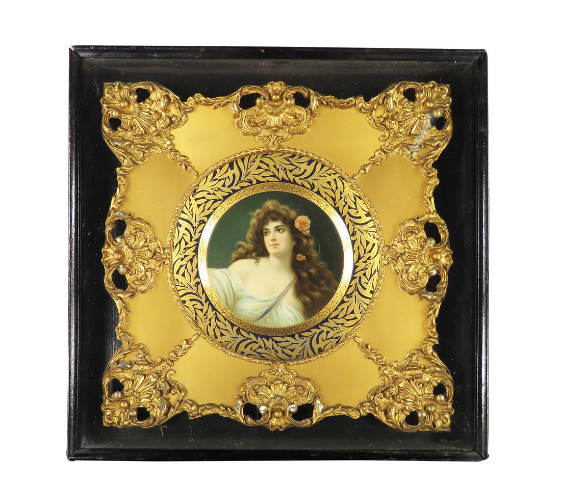Vienna Art Plate Framed in Shadow Box: Vienna Art Plate Framed in Shadow Box. Beautiful woman with pink flowers framed in period gesso in shadow box. Near mint condition. 16 1/2 inches square overall.