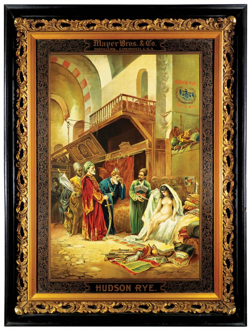 Extremely Rare Hudson Rye Whiskey Tin Sign: Extremely Rare Hudson Rye Whiskey Tin Sign. Original Gold Gesso Frame with original shadow box. Mayer Bros. & Co. Distillers, Cincinnati, OH. Arguably one of the top 10 tin signs in the advertising si