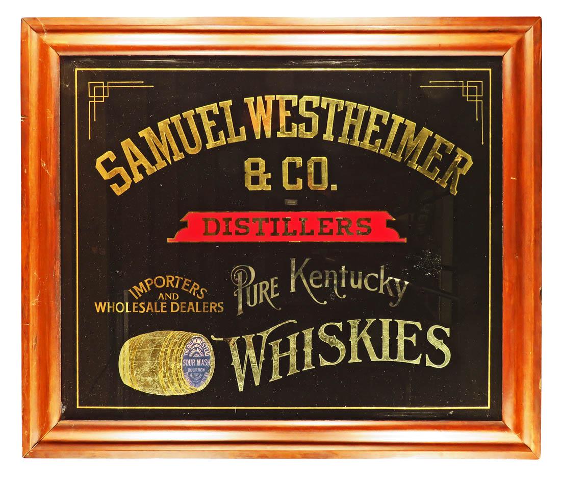 Samuel Westheimer Distillers Reverse Glass Sign: Samuel Westheimer & Co. Distillers Reverse Glass Sign. Pure Kentucky Whiskies. Excellent condition. 38 3/4 X 32 3/4 inches overall.