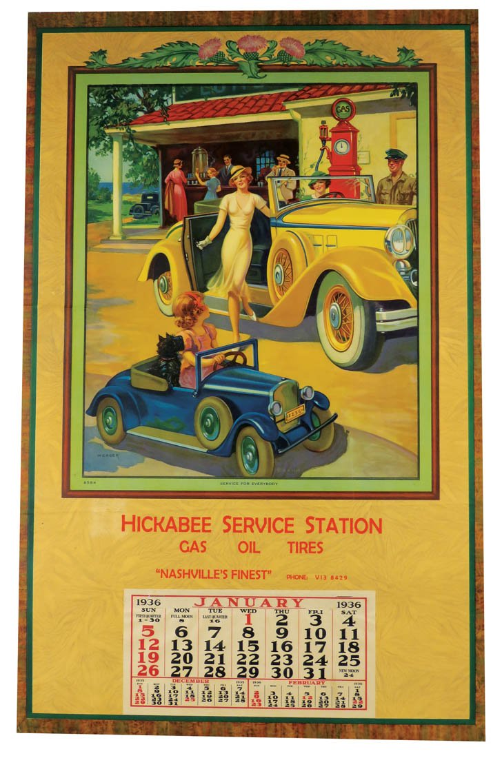 1936 Calendar for Hicabee Service Station Nashville: 1936 Calendar for Hicabee Service Station Nashville. Entitled "Service for Everyone" by artist Weager. Depicting elegant woman getting out of car with little girl and her dog in pedal car. Jan page on