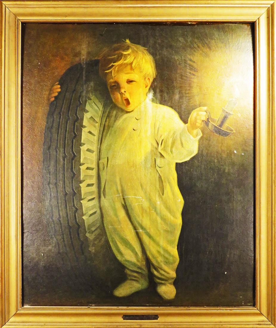Fisk Tires Advertising Cardboard Sign: Fisk Tires Advertising Cardboard Sign in original frame. Depicting little boy with tire and candle light. Good original condition. 27 X 32 inches overall.