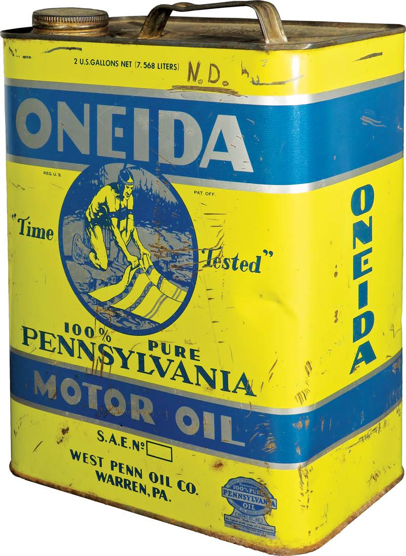 Oneida Motor Oil 2 Gallon Tin Can: Oneida Motor Oil 2 Gallon Tin Can. West Penn Oil Co. Warren, PA. Native American Graphics on can. Scratches, carved initials and dents.