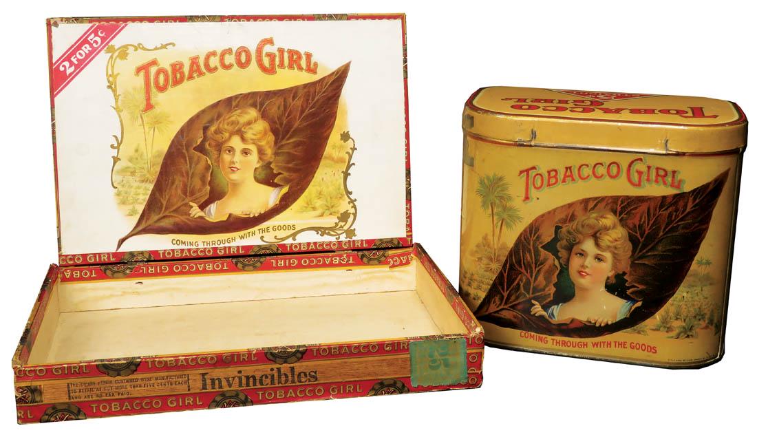Tobacco Girl Cigar 50 Count Tin and Cigar Box: Tobacco Girl Cigar 50 Count Tin and 25 Count Cigar Box. Beautiful graphics, Liberty Can Co. Cin O. Both pieces in overall good condition.