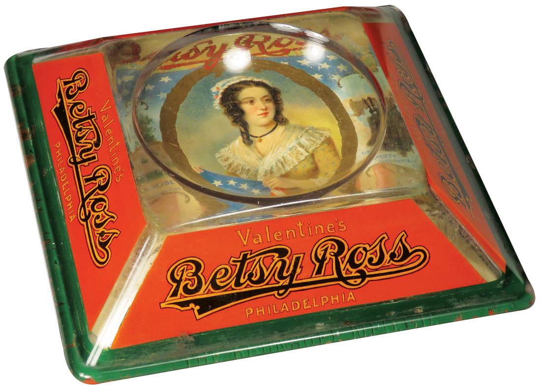 Betsy Ross Tobacco Glass Change Receiver: Valentine's Betsy Ross Tobacco Change Receiver. Mfg. by Brunhoff Co. Cincinnati, Ohio. Wear to felt and one small edge chip. 7 X 6 3/4 inches.