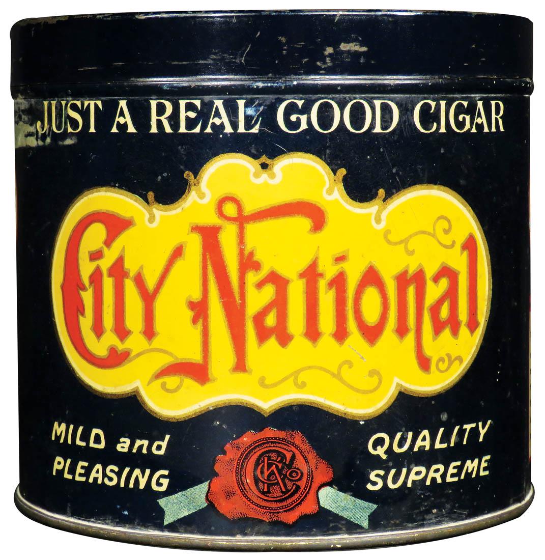 City National 50 Count Cigar Tin: City National 50 Count Cigar Tin. Liberty Can Co. Lancaster, Pa. Paper residue from tax stamp and light scratches.