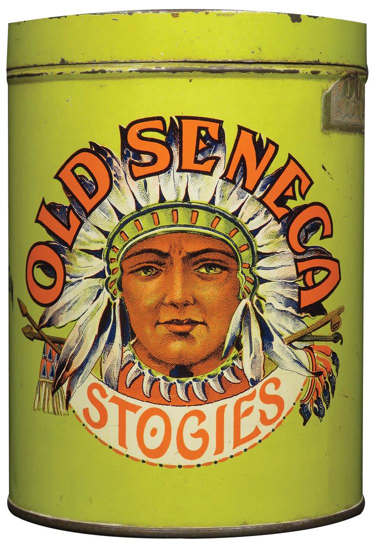 Old Seneca Stogies 50 Count Cigar Tin: Old Seneca Stogies 50 Count Cigar Tin, converted to coin bank. Continental Can Co. Detroit. Light scratches and paper residue from tax stamp.