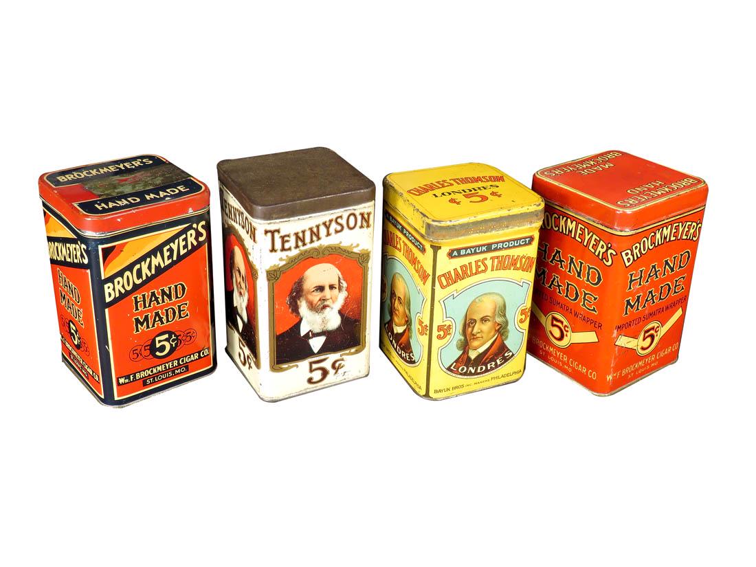 Four 25 Count Cigar Tins: Four 25 Count Cigar Tins. Charles Thomson by Bayuk Bros, Philadelphia. Tennyson by Cadillac Can Co. (2) Brockmeyer's Hand Made by Liberty and American Can Co's. Overall very good to good original cond