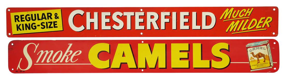 Two Tin Tobacco Advertising Signs: Two Tin Tobacco Advertising Signs. Chesterfield and Camel cigarettes. Overall excellent condition. 20 X 2 1/2 inches.