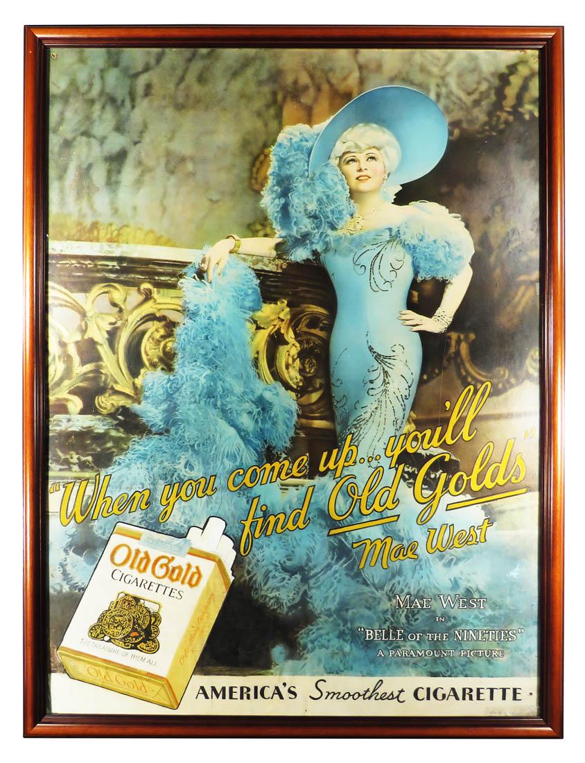 Old Gold Cigarettes "Mae West" Paper Sign: Old Gold Cigarettes "Mae West" Paper Sign. Couple of perimeter nail holes, framed under glass. 33 1/2 X 44 1/4 inches overall.