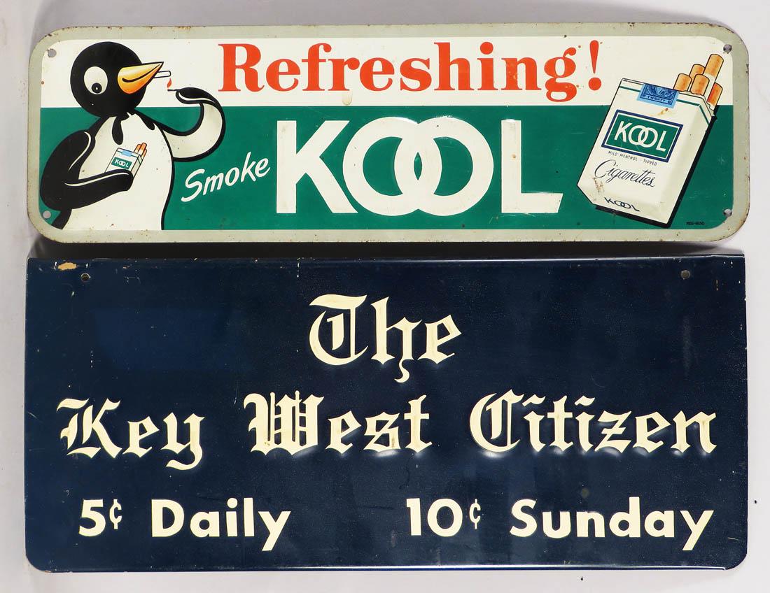 Two Embossed Tin Advertising Signs: Two Embossed Tin Advertising Signs. The Key West Citizen, 12 X 5 1/4 and Kool Cigarettes 12 X 3 5/8 inches.