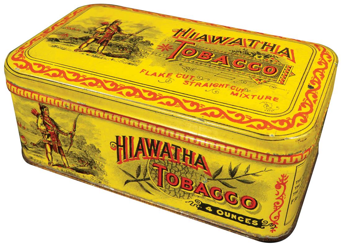 Hiawatha Tobacco 4 oz Tobacco Tin: Hiawatha Tobacco 4 oz Tobacco Tin. Daniel Scotten & Co. Detroit, Mich. Native American motif. Some paint flaking on back side otherwise very good condition. 5 X 2 X 3 inches.