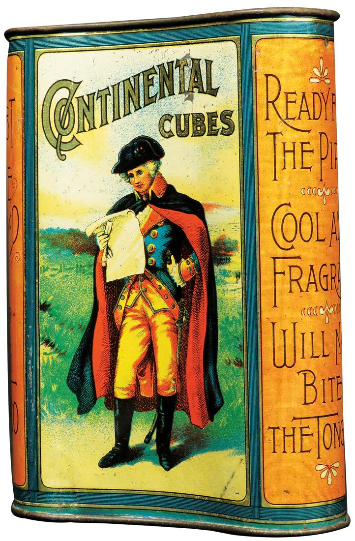 Continental Cubes Flask Shaped Tobacco Tin: Continental Cubes Flask Shaped Tobacco Tin. The American Tobacco Co. Beautiful graphics. Very good condition, no lid.