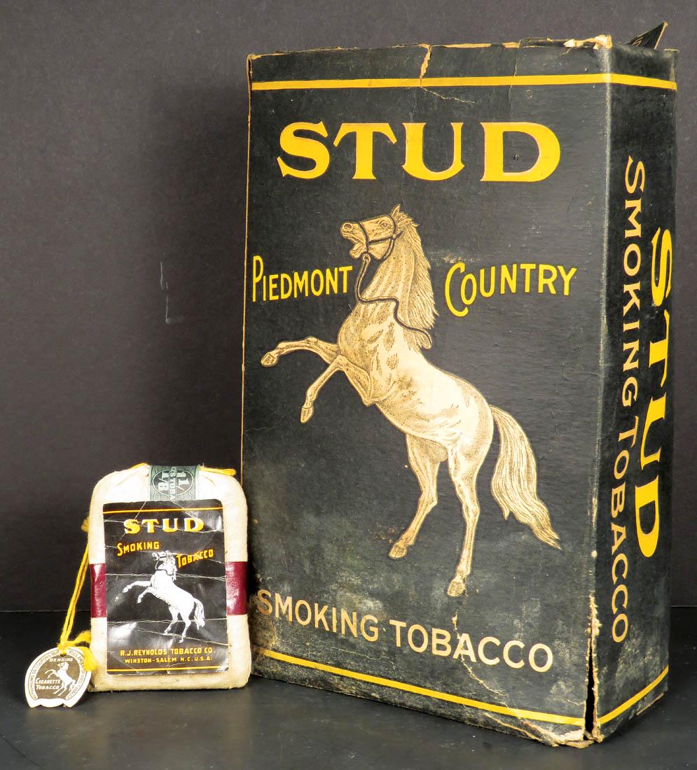 Stud Smoking Tobacco Store Display Box and Pouch: Stud Smoking Tobacco Store Display Box and Pouch. Box originally came with 24-5 cent pouches. Box in fair condition. 6 X 9 1/2 X 3 inches.