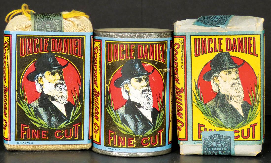 Uncle Daniel Tobacco Packs and Tin: Uncle Daniel Tobacco Packs and Tin. Scotten Dillon Co. Detroit. One pouch, one pack and one tin, all with original paper labels. Overall excellent condition.