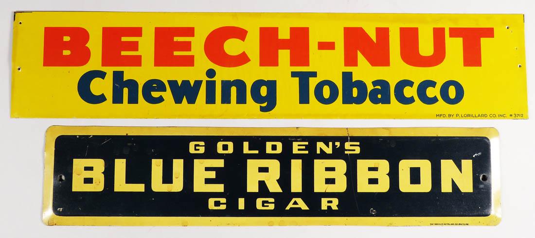 Blue Ribbon Cigar and Beech-Nut Tobacco Signs: Blue Ribbon Cigar and Beech-Nut Tobacco Tin Signs. Overall good condition. Blue Ribbon measures 14 X 3 inches.