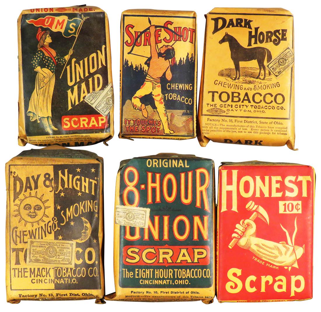 Six Vintage Paper Tobacco Packs: Six Vintage Paper Tobacco Packs. Sure Shot, Dark Horse, 8-Hour Union Scrap, Honest Scrap, Union Made Scrap and Day & Night. Overall good condition. Aprox. 3 1/2 X 5 X 1 inches.